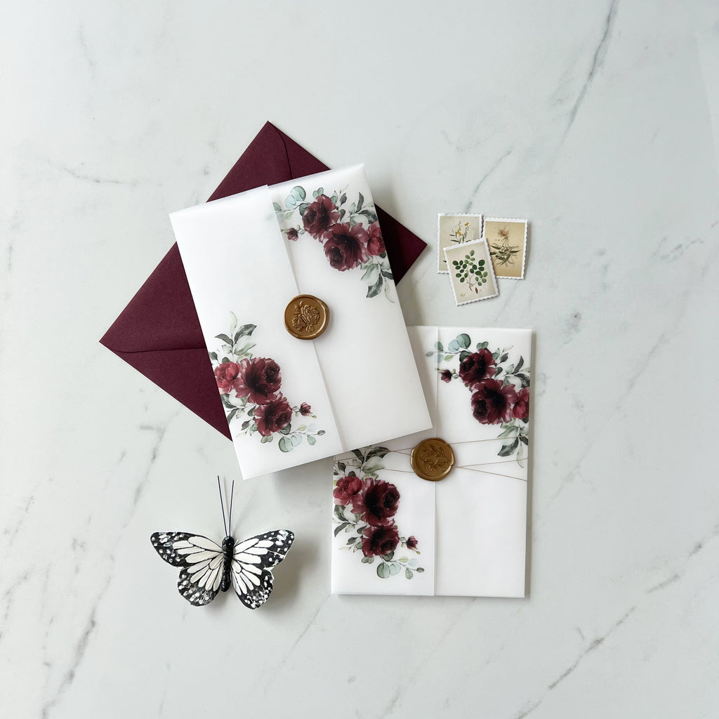 Rustic Burgundy Floral Vellum Wrap for DIY Wedding Invitation Cotton