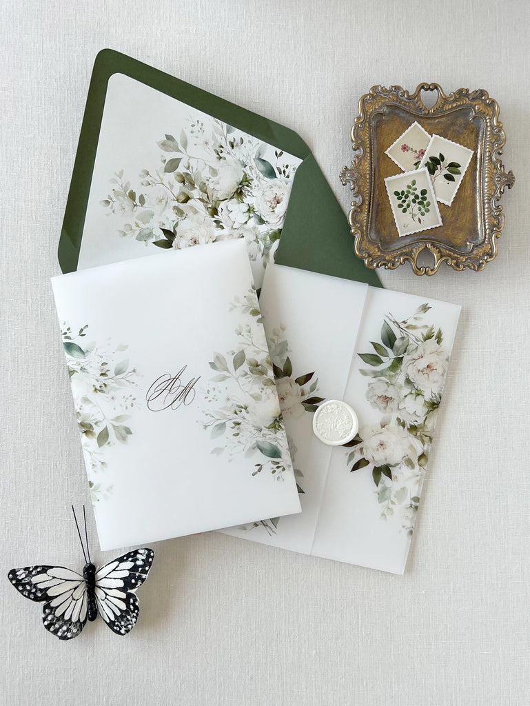 White Floral Vellum Wrap for DIY Wedding Invitation Cotton Willow