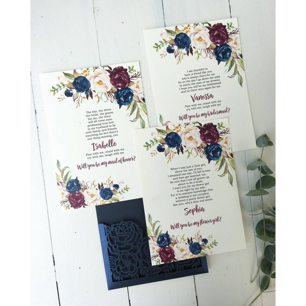 Elegant Navy and Burgundy Floral Bridesmaid Card