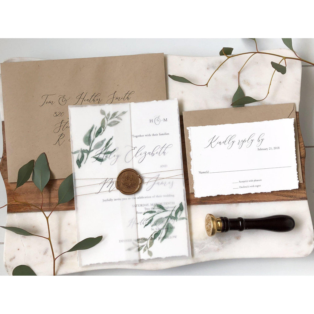Greenery Vellum Jackets and Wax Seal Wedding Invitation Embellishments —  E-Three Design Studio