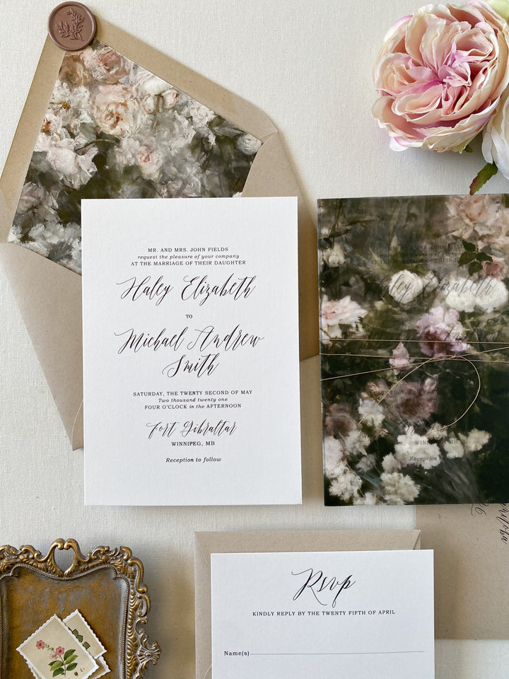 Vintage Floral Wedding Invitation with Vellum Wrap and Twine