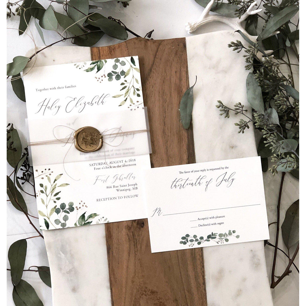 Rustic Greenery Wedding Invitation, Wax Seal, Vellum Wrap Cotton