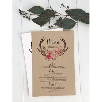 rustic wedding menu, menu card, antler