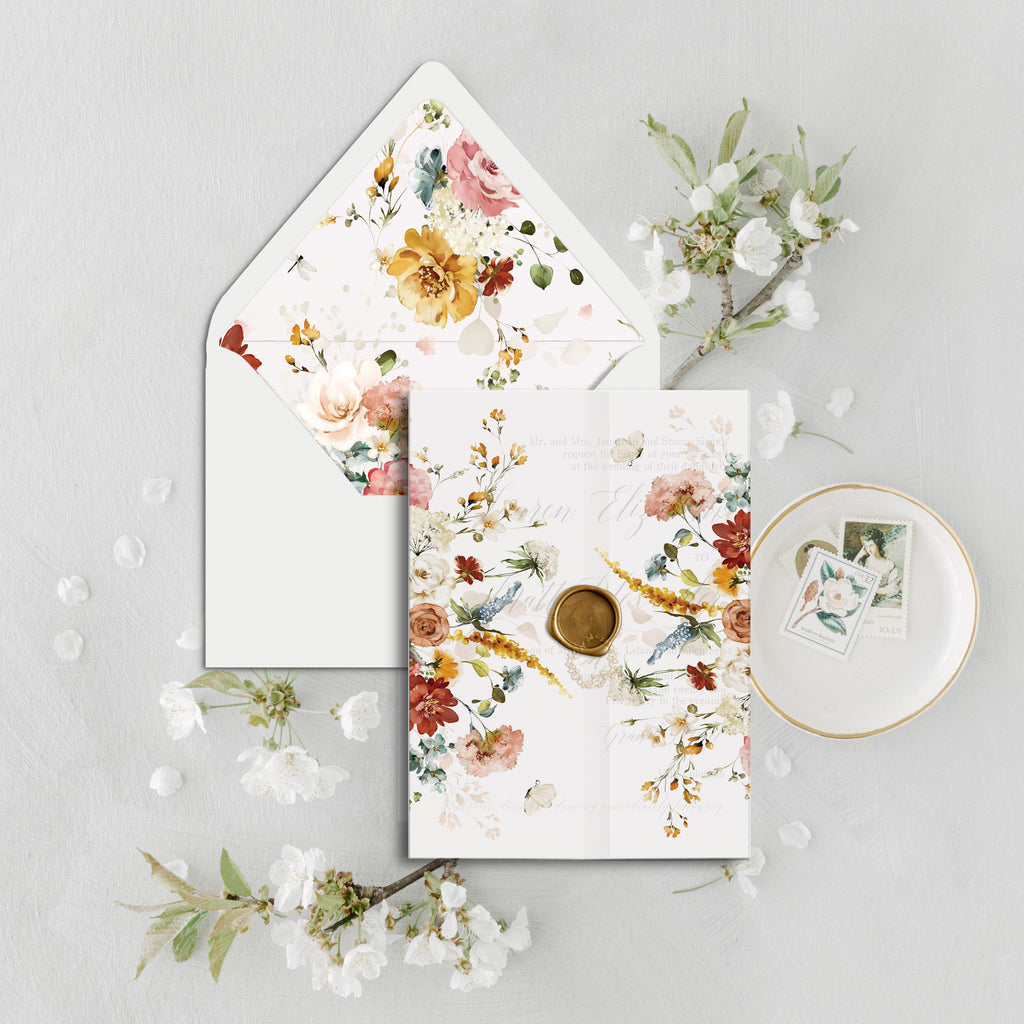 Summer Wildflower Floral Vellum Invitation Jacket Wrap, and Envelope