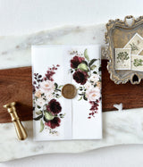 Burgundy, Blush Gold Wax Seal Vellum Wrap Jacket with Gold Wax Seal for DIY Wedding Invitation