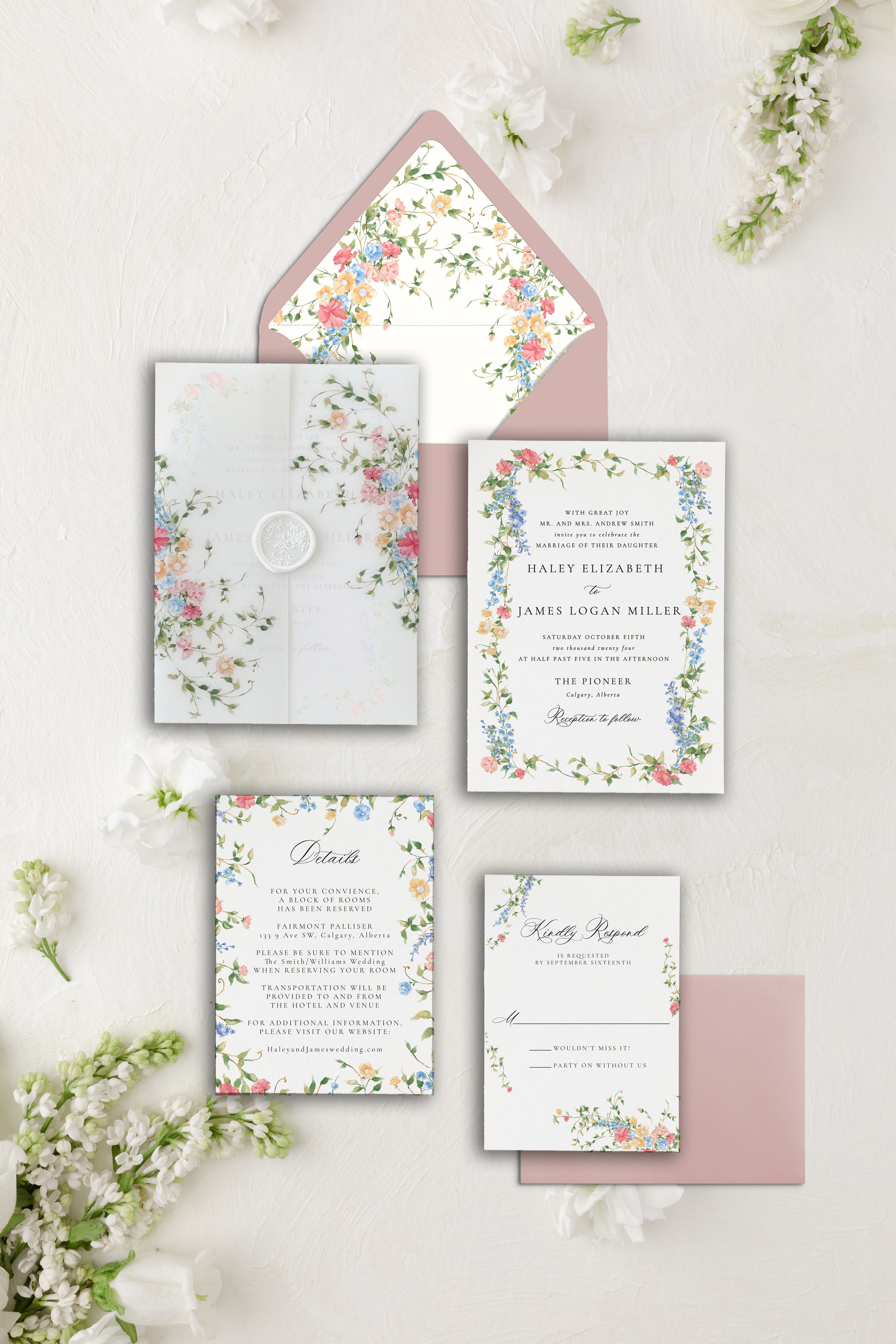 Elegant Watercolor Wildflower Wedding Invitation Suite - Cotton Willow  Design Co., image size:3300x4950