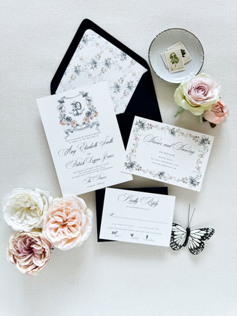 Dusty Blue Floral Monogram Wedding Invitation Suite