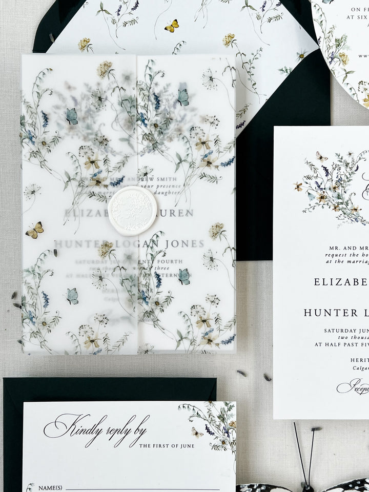 Wildflower Floral Vellum Wrap Wedding Invitation Set with Wax Seal