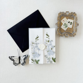 Elegant Dusty Blue Floral Wedding Invitation Vellum Wrap for DIY wedding