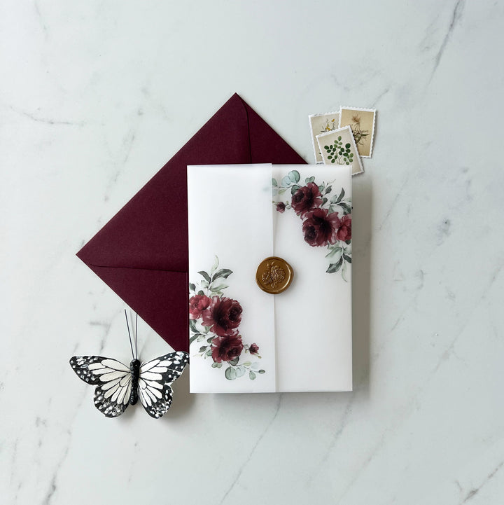 Rustic Burgundy Floral Vellum Wrap for DIY Wedding Invitation