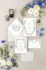 Hydrangea Watercolor Wedding Invitation Suite Blue Delphinium Wedding Invitation