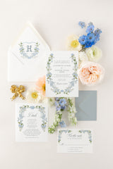 Hydrangea Watercolor Wedding Invitation Suite Blue Delphinium Wedding Invitation