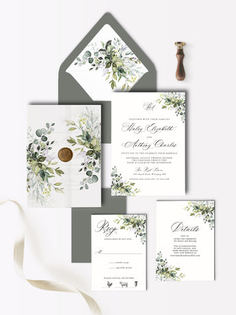 Greenery Wedding Invitation Set with Vellum Wrap