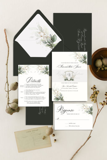 Greenery Wedding Invitation with Monogram Crest