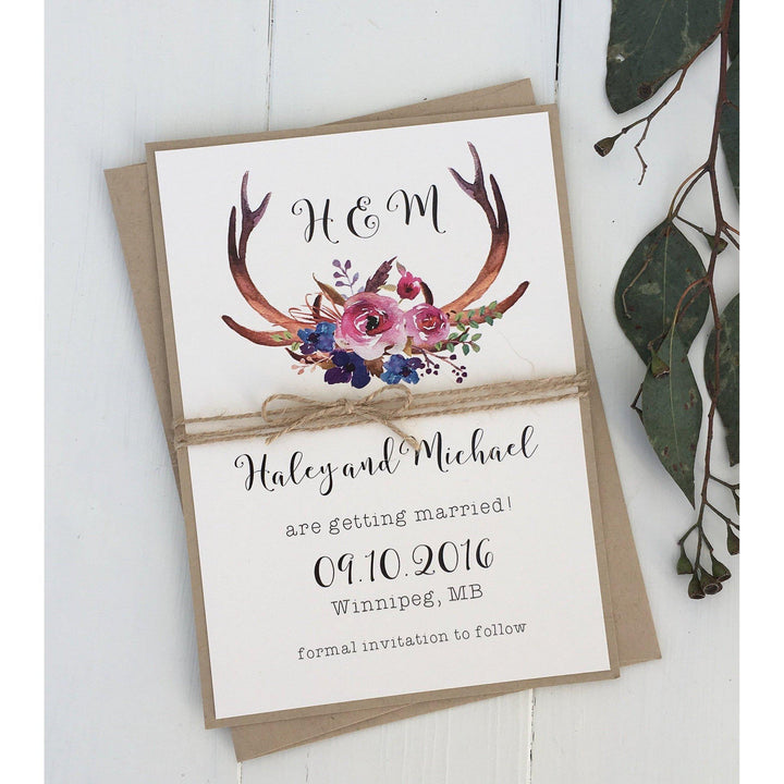 rustic save the date card, antler wedding card