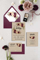 Rustic Kraft Burgundy Floral Wedding Invitation Suite Printable