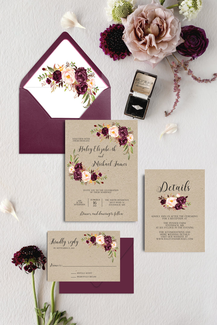Kraft Burgundy and Blush Floral Wedding Invitation Suite Digital Download
