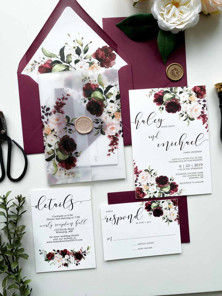 Burgundy and Blush Floral Vellum Wedding Invitation - Cotton Willow Design  Co.