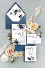Blush and Navy Floral Wedding Invitation Suite Printable