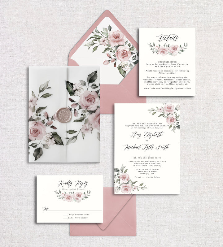 Dusty Rose Floral Wedding Invitation Envelope Liners - Cotton Willow Design  Co.