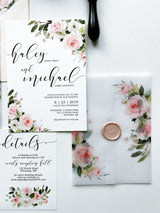 Blush Wedding Invitation, Floral Wedding Vellum Wrap Invitation