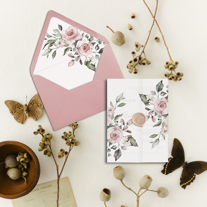 Dusty Rose Floral Wedding Invitation Envelope Liners - Cotton