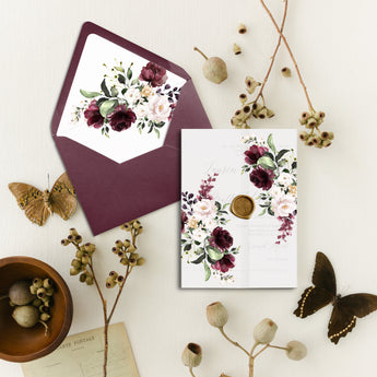 Burgundy Blush Floral Vellum Invitation Jacket, Envelope liners