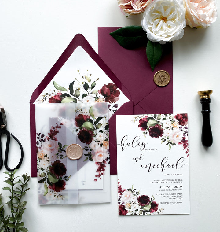 Elegant Affordable Boho Burgundy Floral Vellum Wedding Invitations with  Gold Backing Cards EWI478