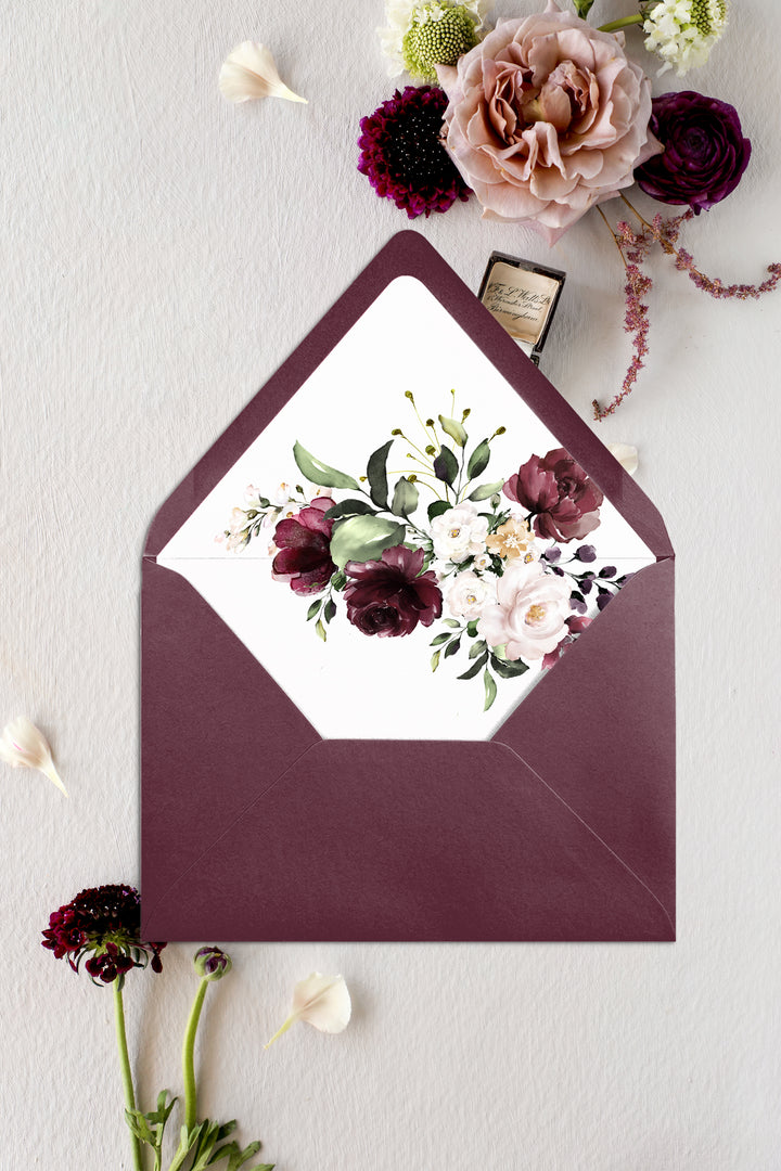 Blush and Burgundy Floral Wedding Invitation Envelope Liners