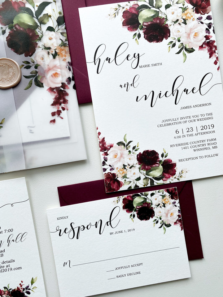 Burgundy Floral Wedding Invited Vellum Paper Wrap with Handmade Paper