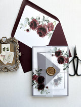 Burgundy Boho Wedding Invitation with Vellum Wrap and Wax Seal