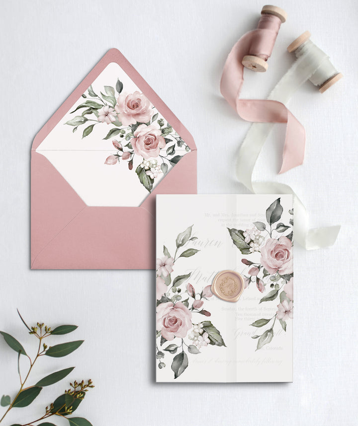 Dusty Rose Floral Wedding Invitation Envelope Liners - Cotton