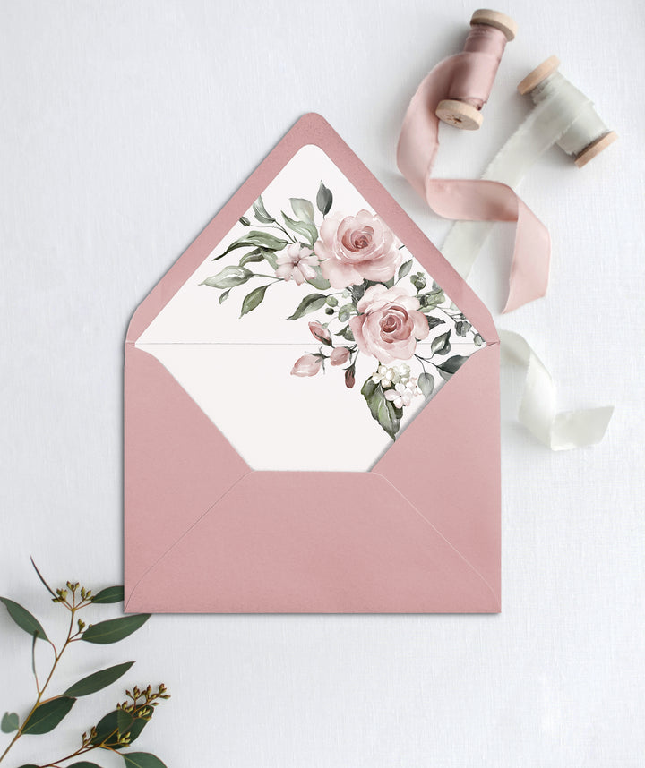 Dusty Rose Floral Wedding Invitation Envelope Liners - Cotton