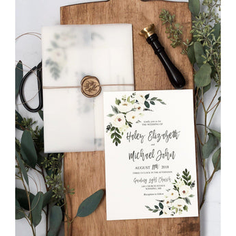 Vellum wrapped wedding invitation, rustic wedding 