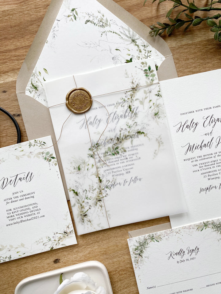 Rustic Greenery Vellum Wrap Wedding Invitation - Cotton Willow Design Co.