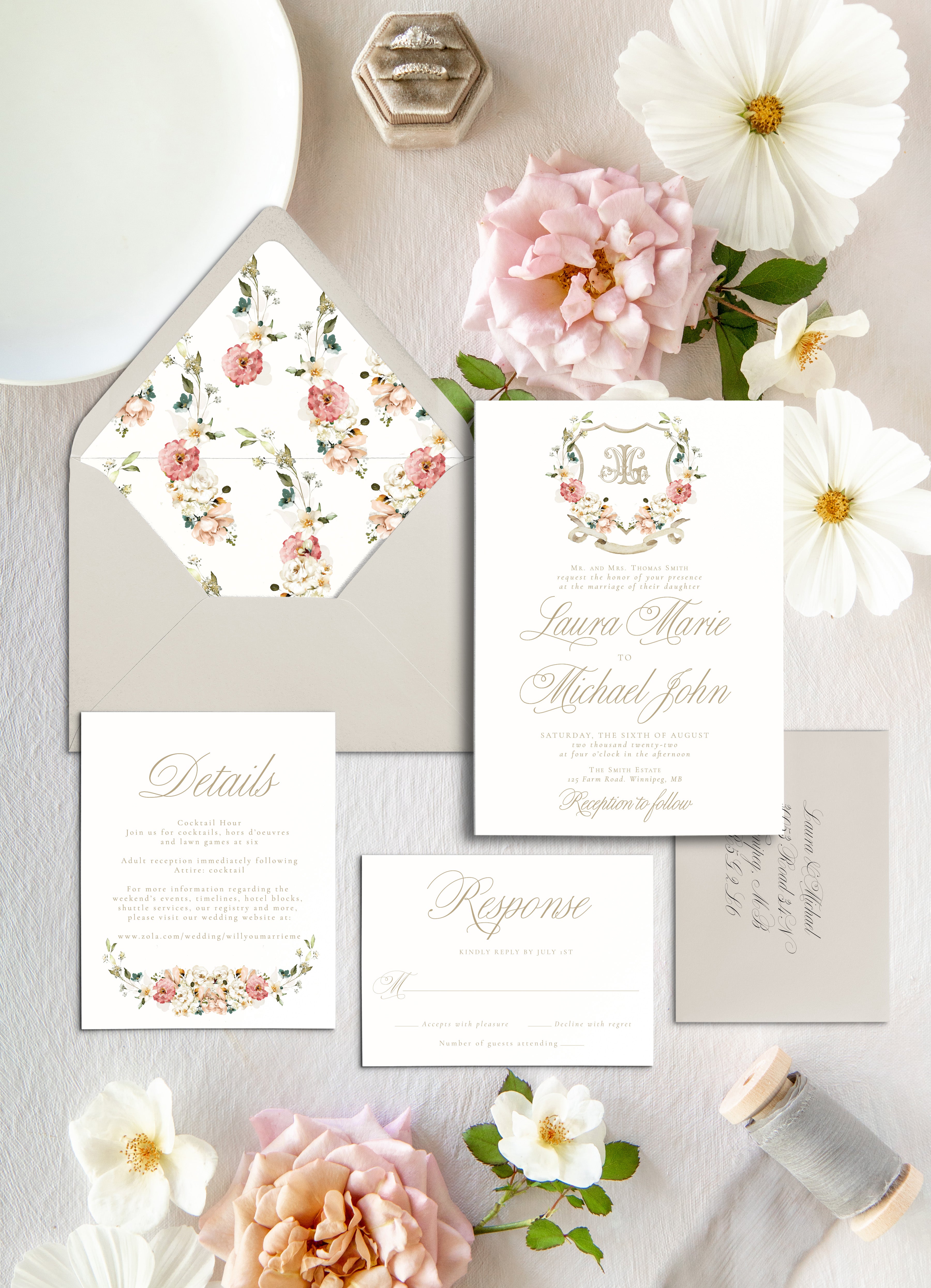 Romantic, Elegant Luxury Wedding Invitation Suite with Floral Monogram -  Cotton Willow Design Co., image size:3600x4981