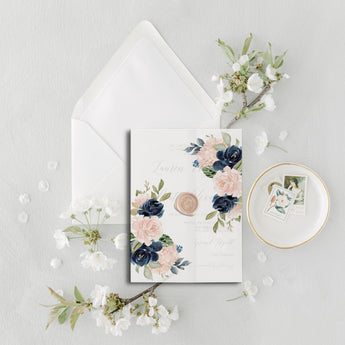 Instant Download Wedding Invitation Vellum Wrap, Wedding Invitation Jacket, Printable Vellum, Navy Blue and Blush floral Wedding Invitation