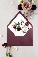 DIY Wedding Envelope Liner and Wrap, Wedding Invitation Jacket, Printable Envelope Liners, Printable Vellum, Burgundy Blush Floral Wedding