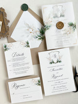 Greenery Wedding Invitation with Gold Wax Seal and Vellum Wrap