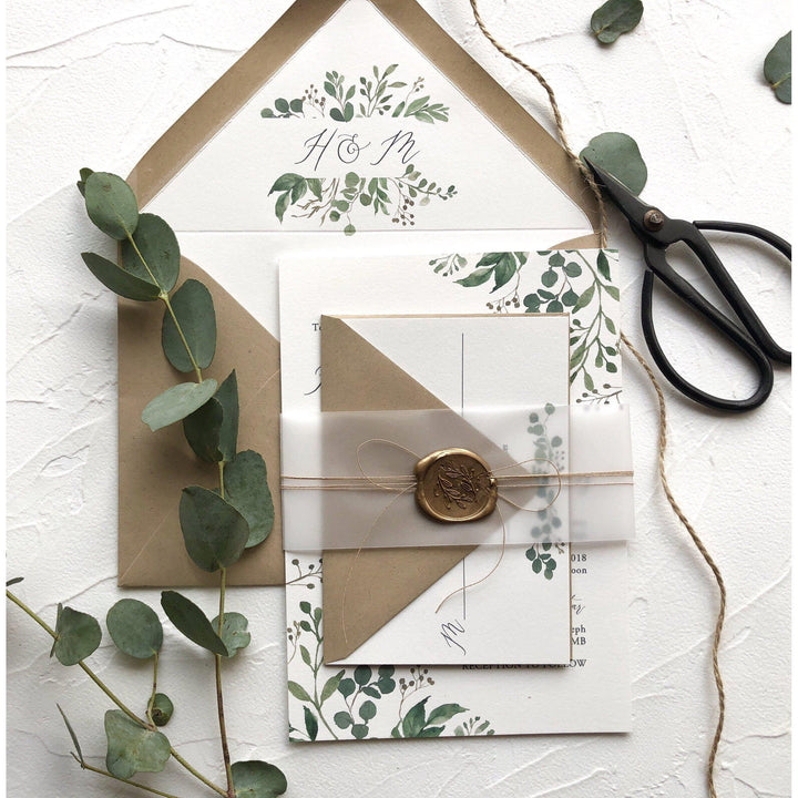rustic wedding invitations watercolor wreath with vellum jacket green leaf  wax seal and thread SWPI123