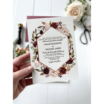 Letterpress Wedding Invitation, Marsala and Blush Floral