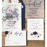 Vellum Wedding Invitation with blush and navy Florals