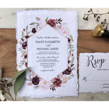 Burgundy Floral Wedding Invitation, Handmade, Deckled Edge
