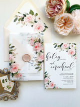 Blush Wedding Invitation, Floral Wedding Vellum Wrap Invitation