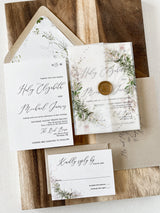 Rustic Greenery and Gold Wedding Invitation with Wax Seal and Vellum Wrap