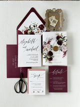 Burgundy Floral Vellum Wrap Wedding Invitation Set with Wax Seal