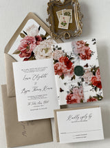 Vintage Floral Vellum Wrap and Wax Seal Wedding Invitation Set