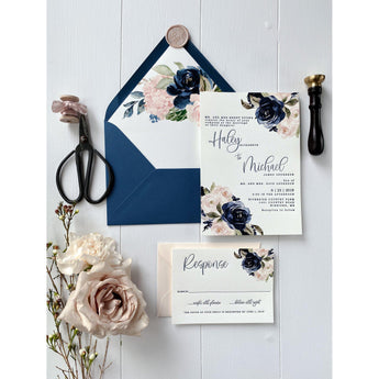 Letterpress Wedding Invitation with Blush and Navy Floral