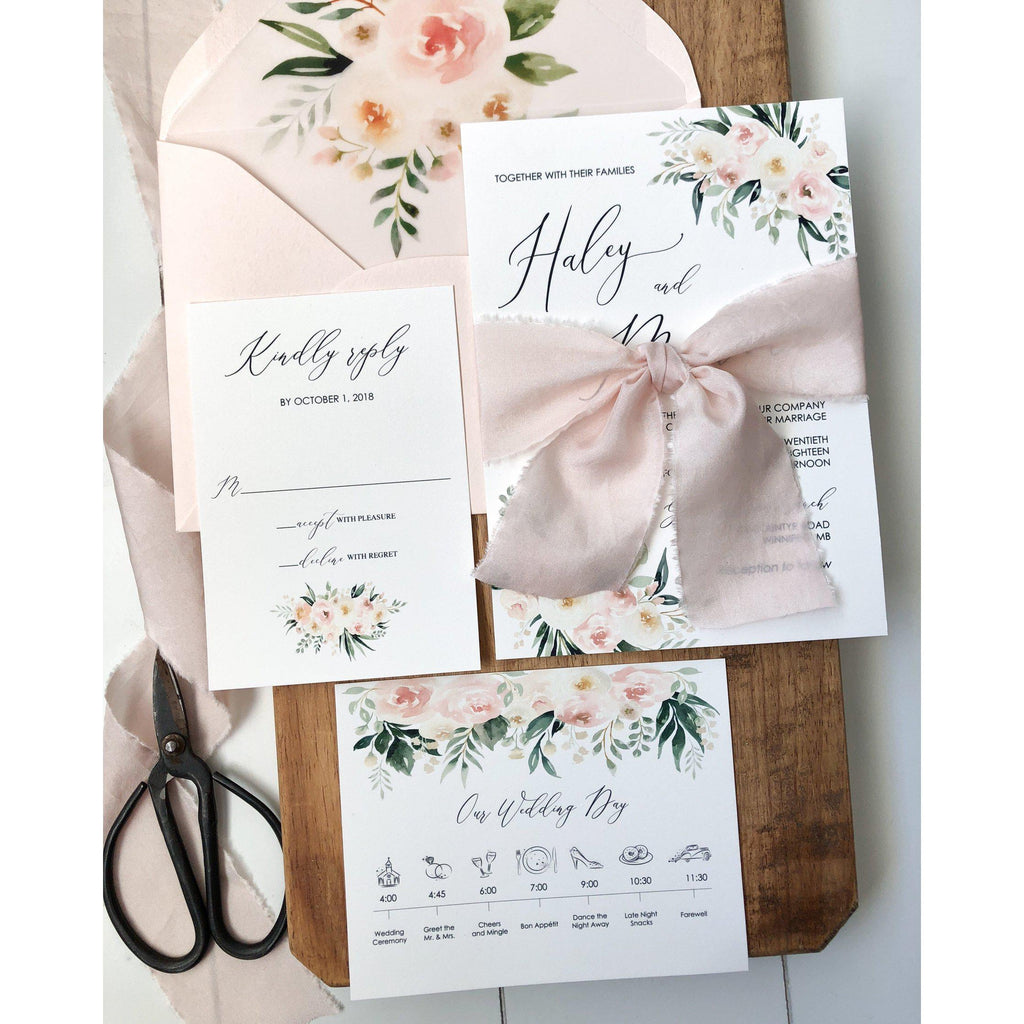 Elegant Blush Pink Floral Wedding Invitation, silk ribbon - Cotton ...