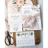 Elegant Blush Pink Floral Wedding Invitation, silk ribbon